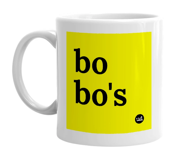 White mug with 'bo bo's' in bold black letters