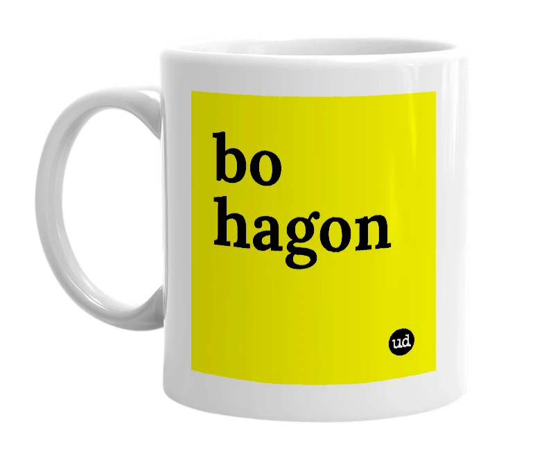 White mug with 'bo hagon' in bold black letters