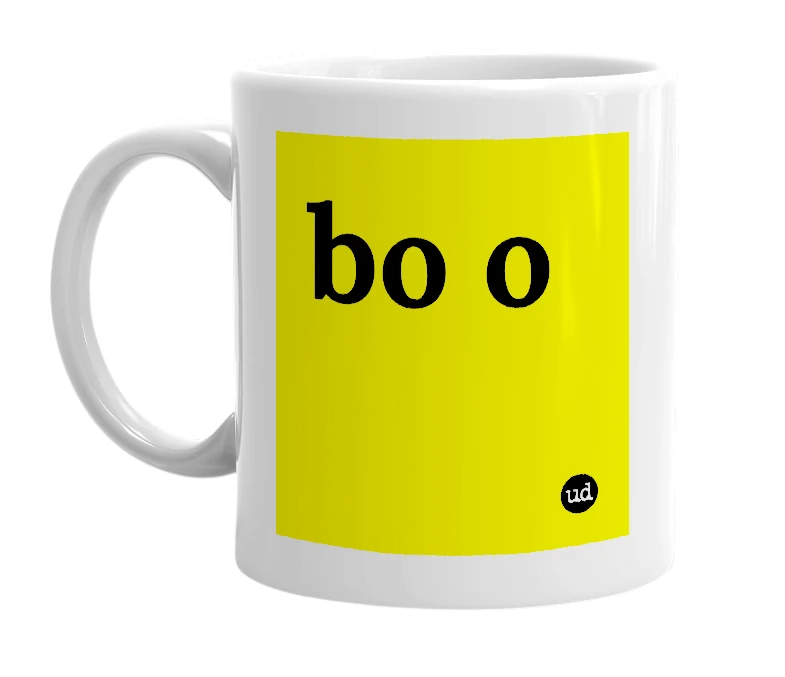 White mug with 'bo o' in bold black letters