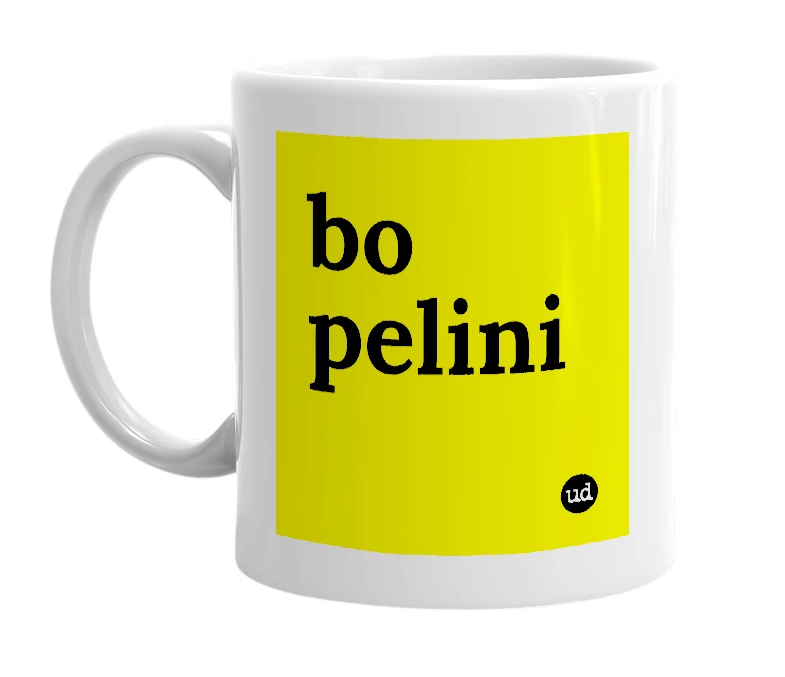 White mug with 'bo pelini' in bold black letters