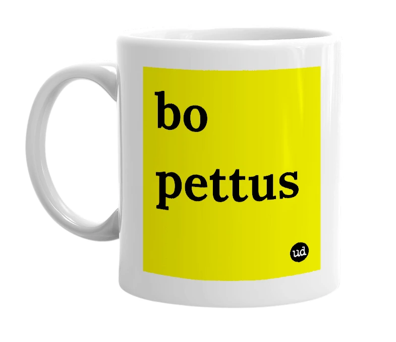 White mug with 'bo pettus' in bold black letters