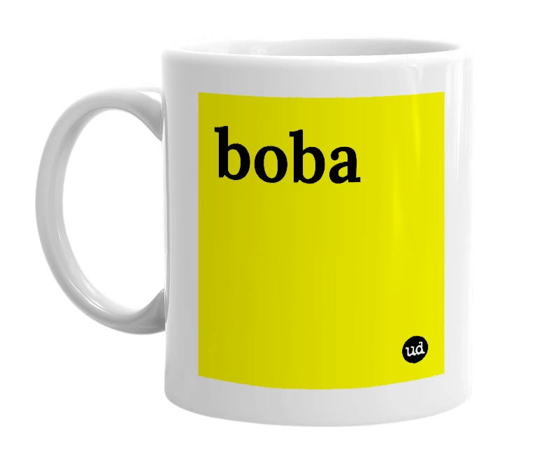 White mug with 'boba' in bold black letters