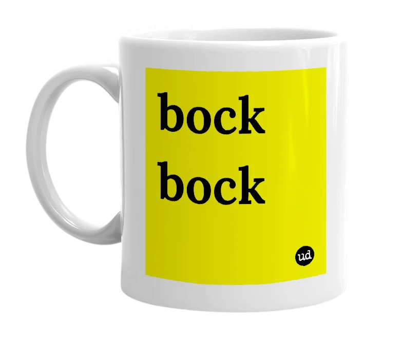 White mug with 'bock bock' in bold black letters