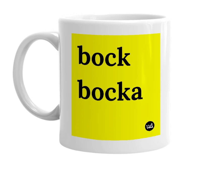 White mug with 'bock bocka' in bold black letters