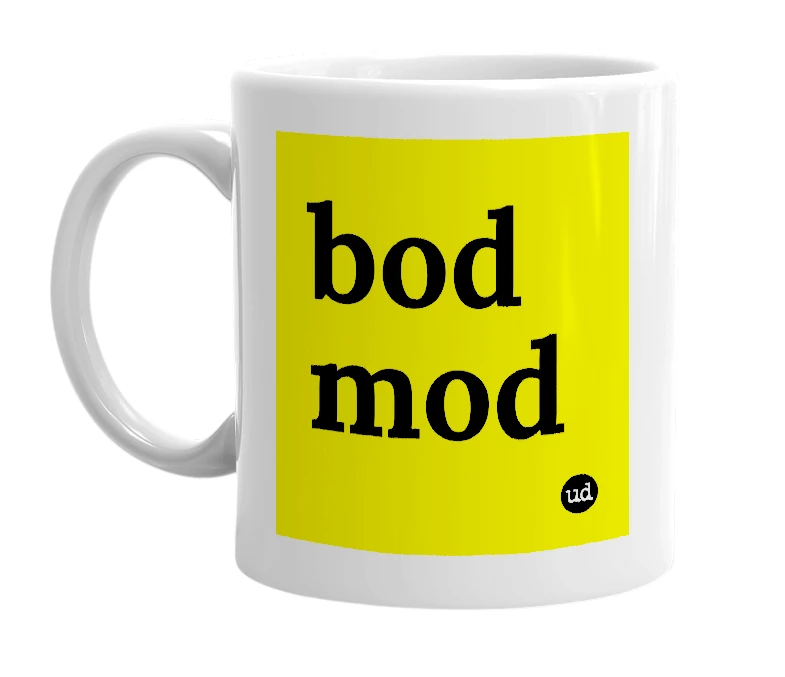 White mug with 'bod mod' in bold black letters