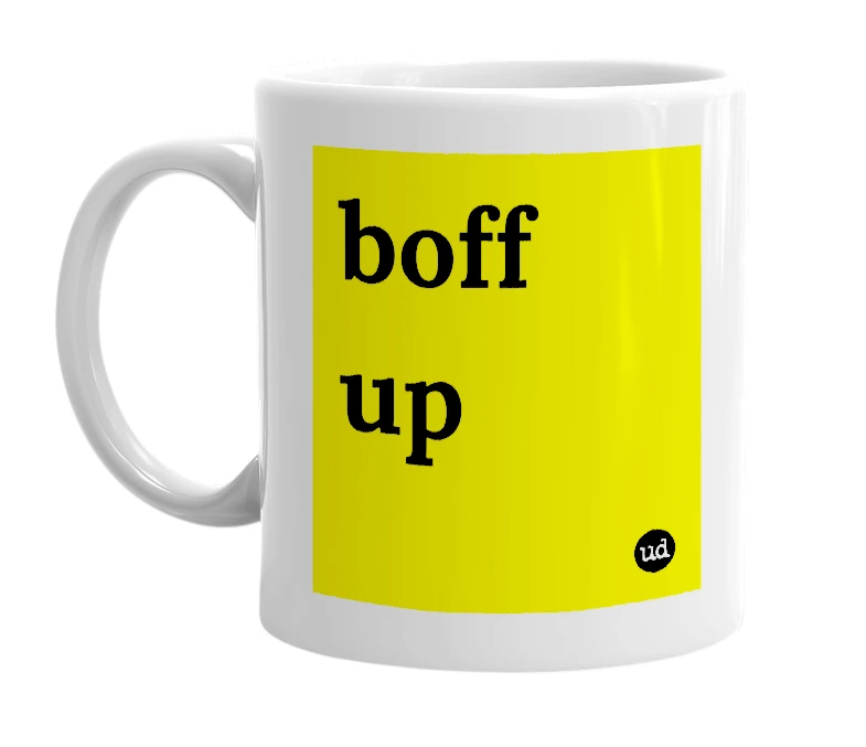 White mug with 'boff up' in bold black letters