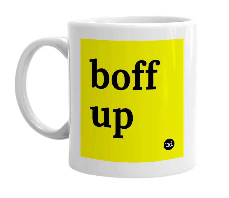 White mug with 'boff up' in bold black letters