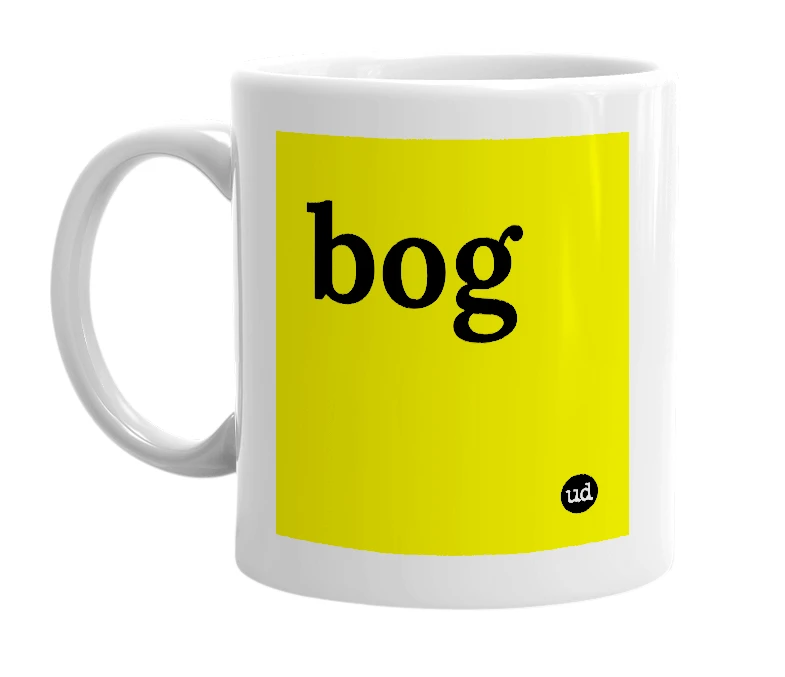 White mug with 'bog' in bold black letters