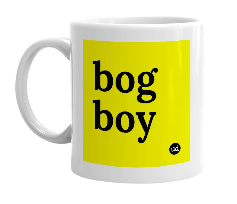 White mug with 'bog boy' in bold black letters