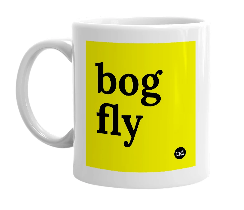 White mug with 'bog fly' in bold black letters