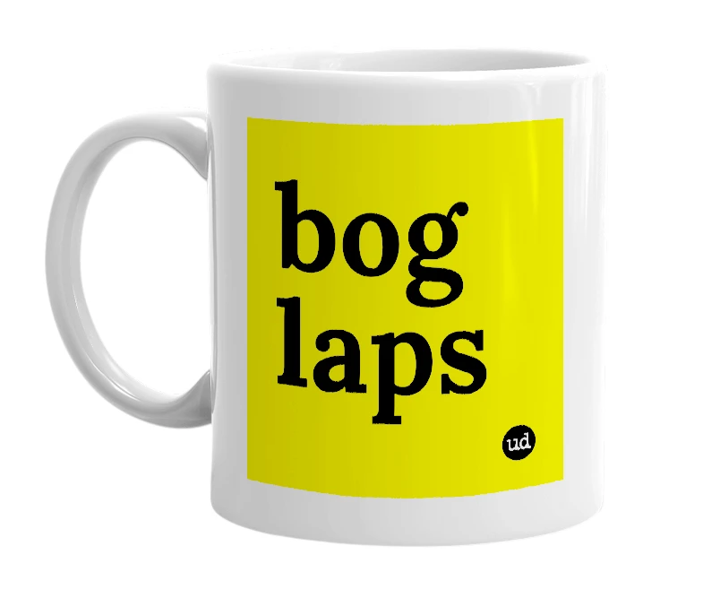 White mug with 'bog laps' in bold black letters