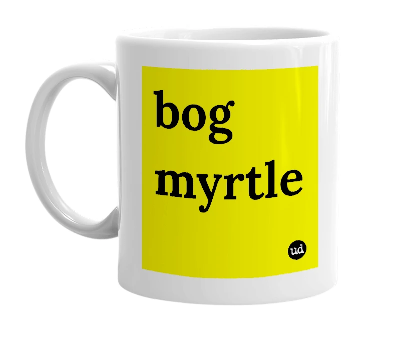 White mug with 'bog myrtle' in bold black letters