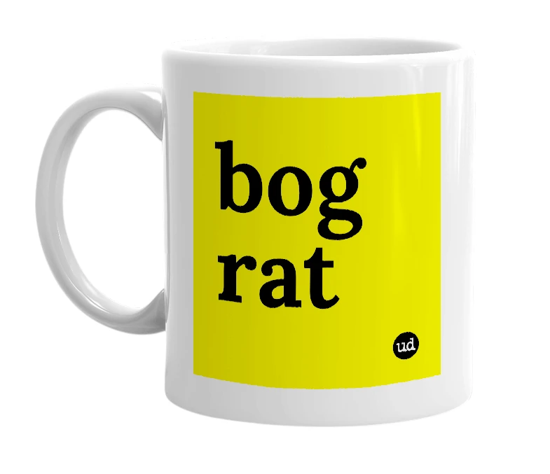 White mug with 'bog rat' in bold black letters