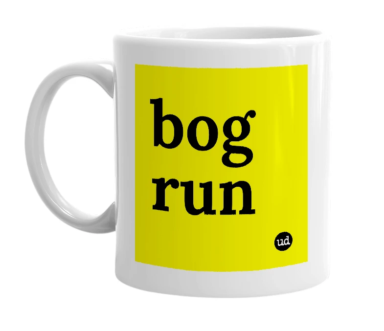 White mug with 'bog run' in bold black letters