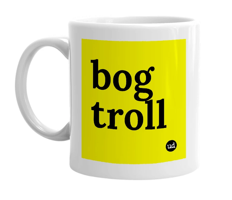 White mug with 'bog troll' in bold black letters