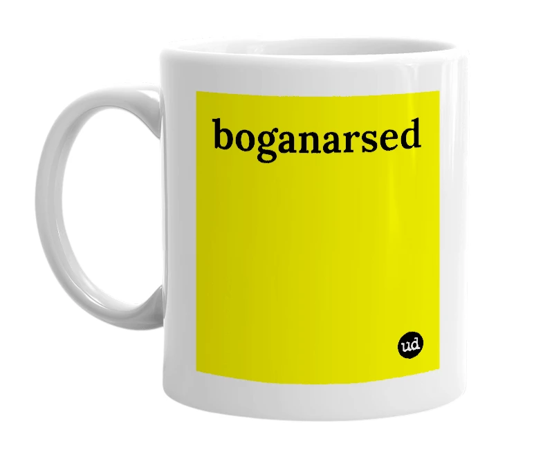 White mug with 'boganarsed' in bold black letters