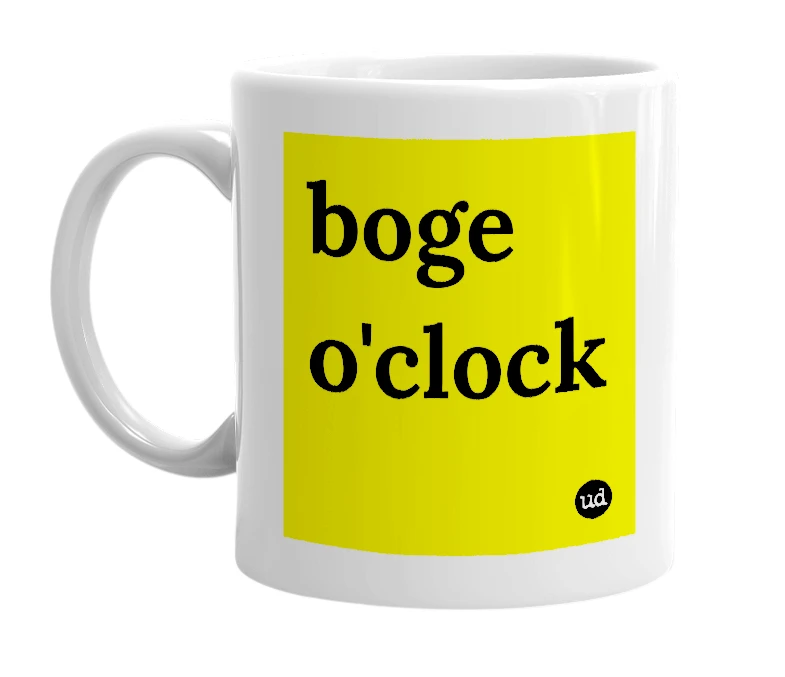 White mug with 'boge o'clock' in bold black letters