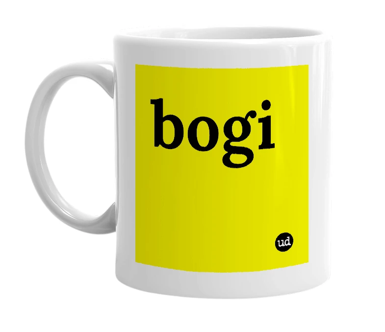 White mug with 'bogi' in bold black letters