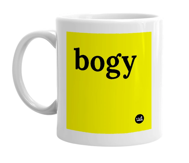 White mug with 'bogy' in bold black letters