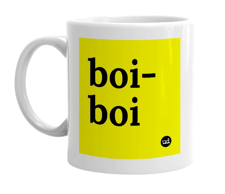 White mug with 'boi-boi' in bold black letters
