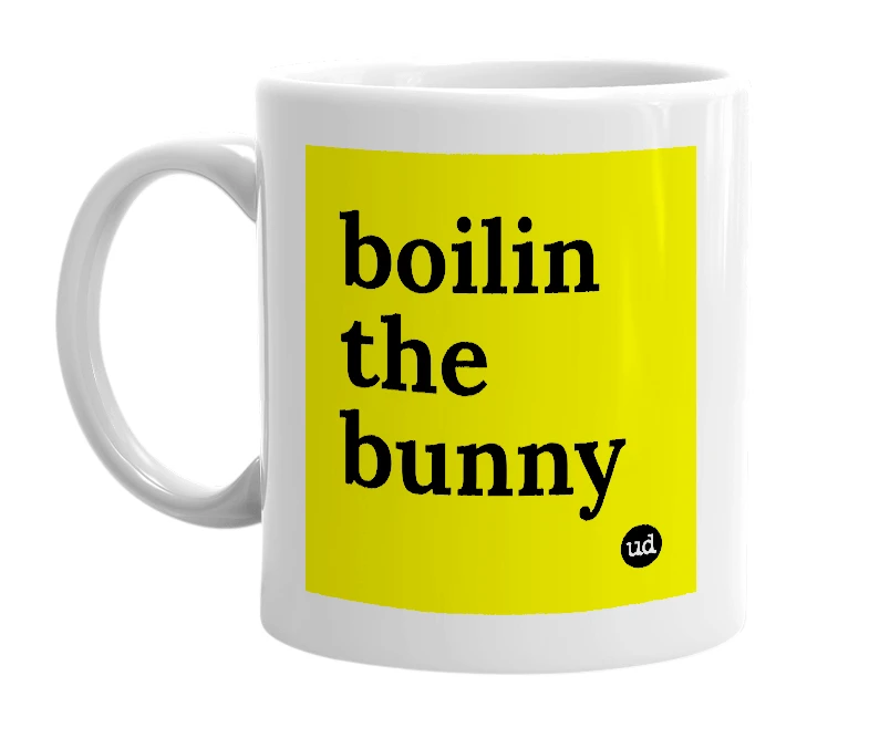 White mug with 'boilin the bunny' in bold black letters