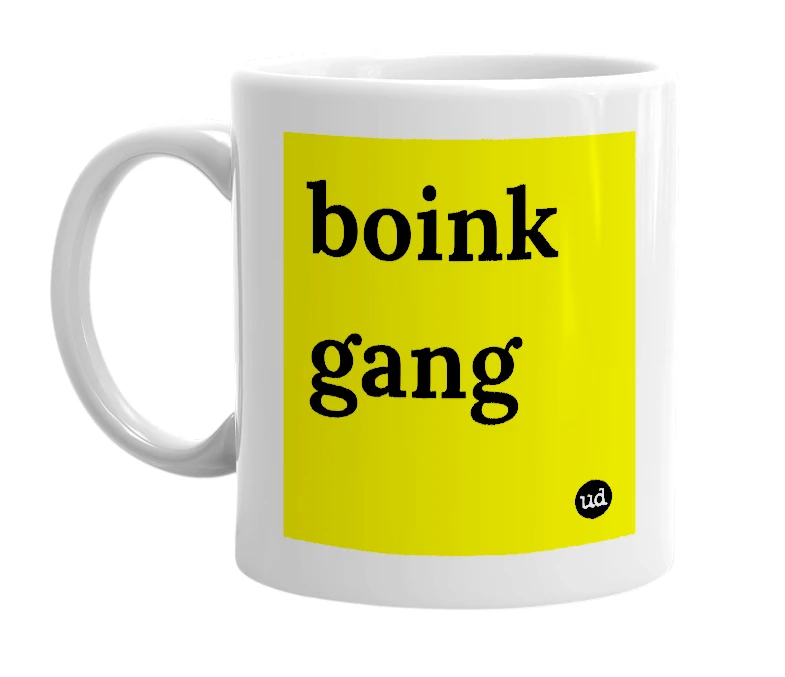 White mug with 'boink gang' in bold black letters