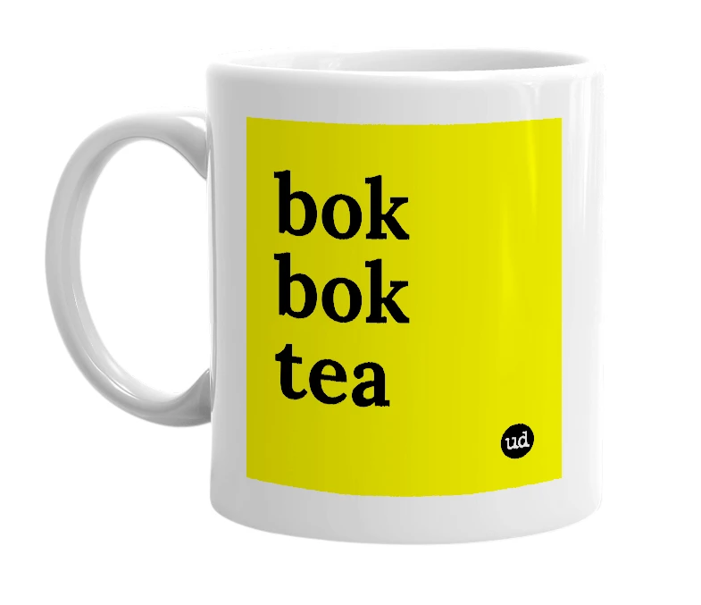 White mug with 'bok bok tea' in bold black letters