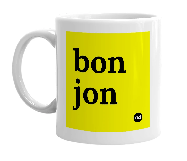 White mug with 'bon jon' in bold black letters