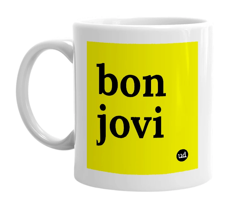 White mug with 'bon jovi' in bold black letters