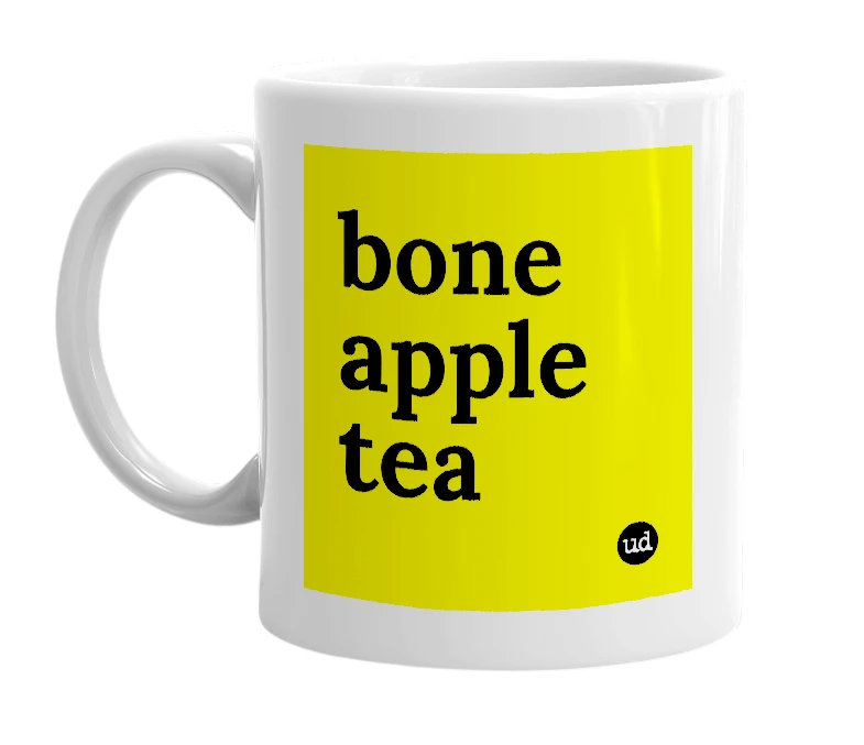 White mug with 'bone apple tea' in bold black letters