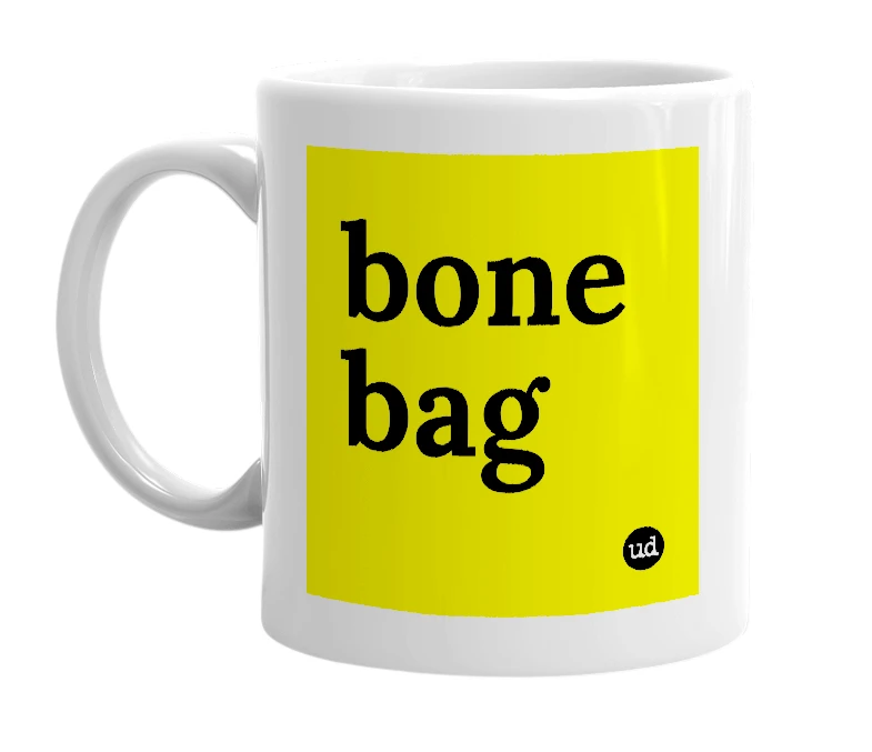 White mug with 'bone bag' in bold black letters