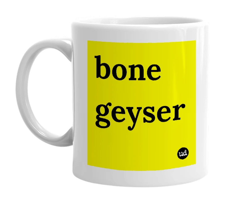 White mug with 'bone geyser' in bold black letters