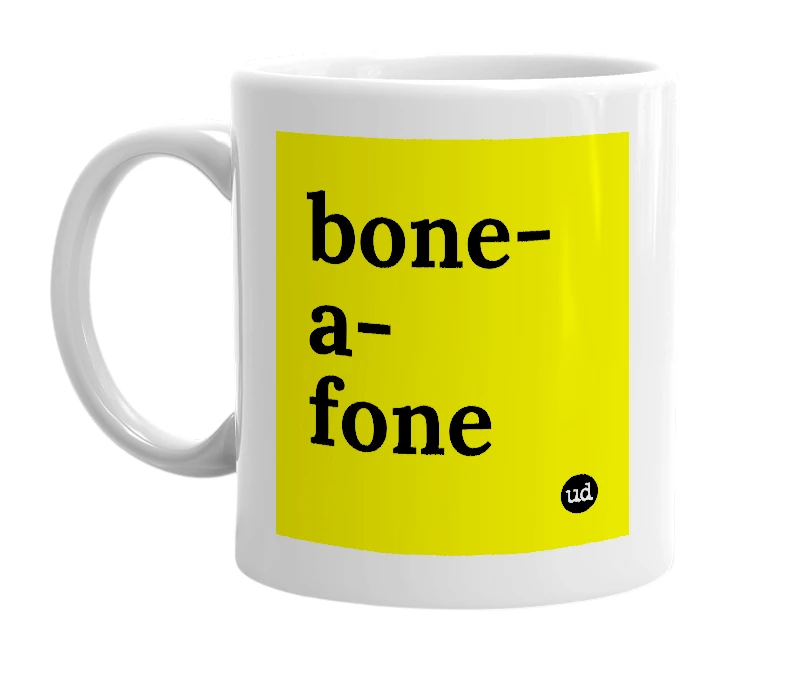 White mug with 'bone-a-fone' in bold black letters