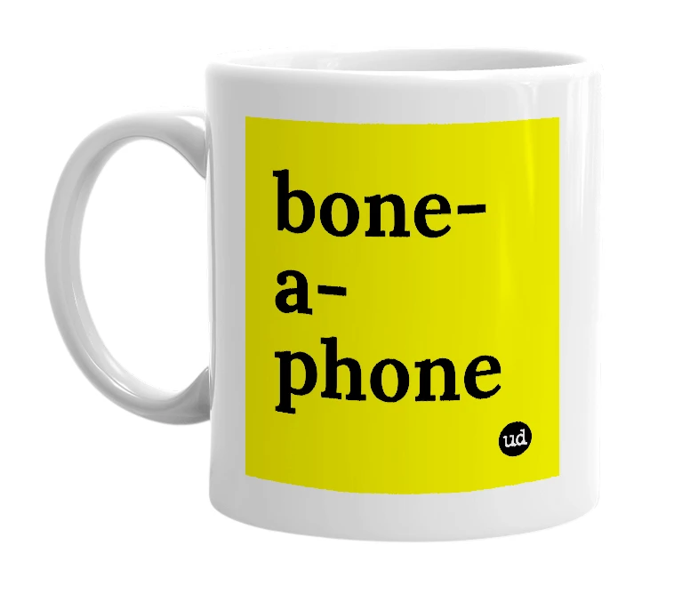 White mug with 'bone-a-phone' in bold black letters