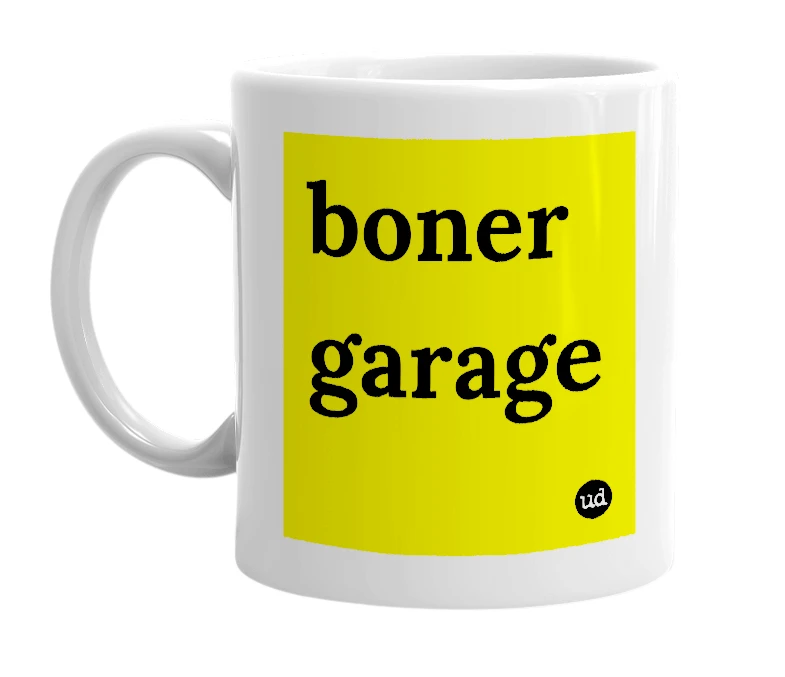 White mug with 'boner garage' in bold black letters