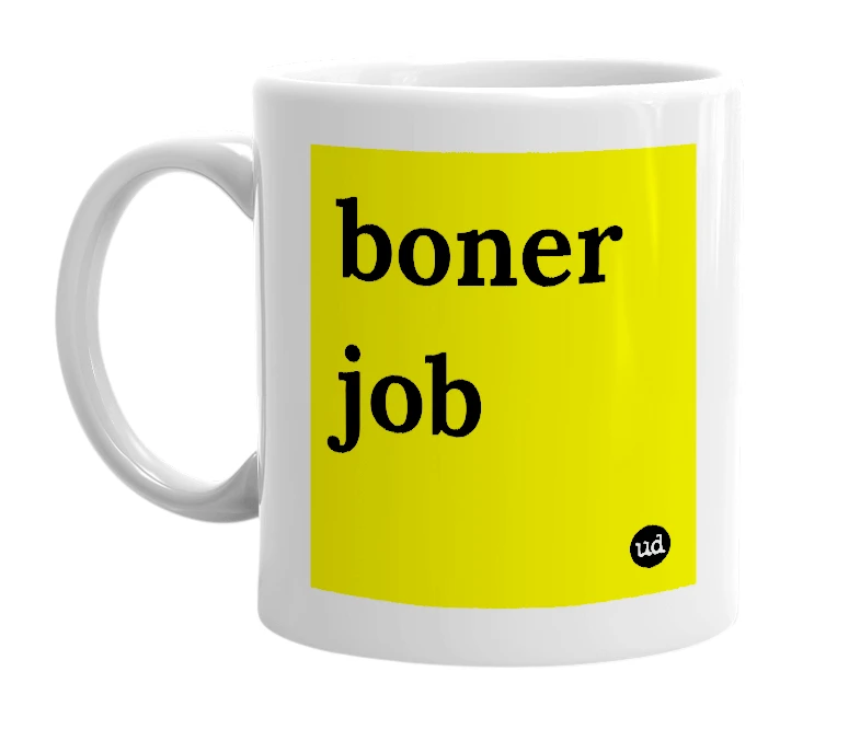 White mug with 'boner job' in bold black letters
