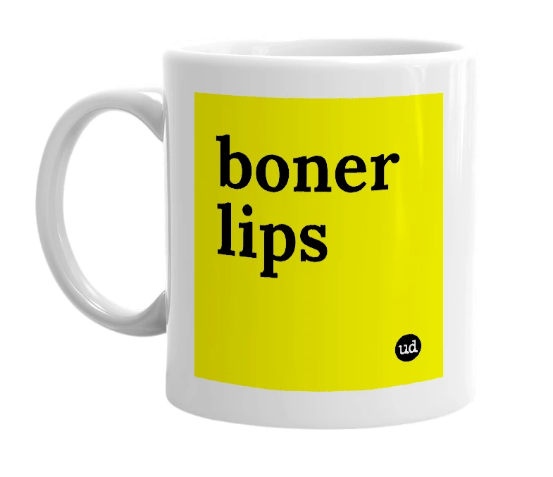 White mug with 'boner lips' in bold black letters