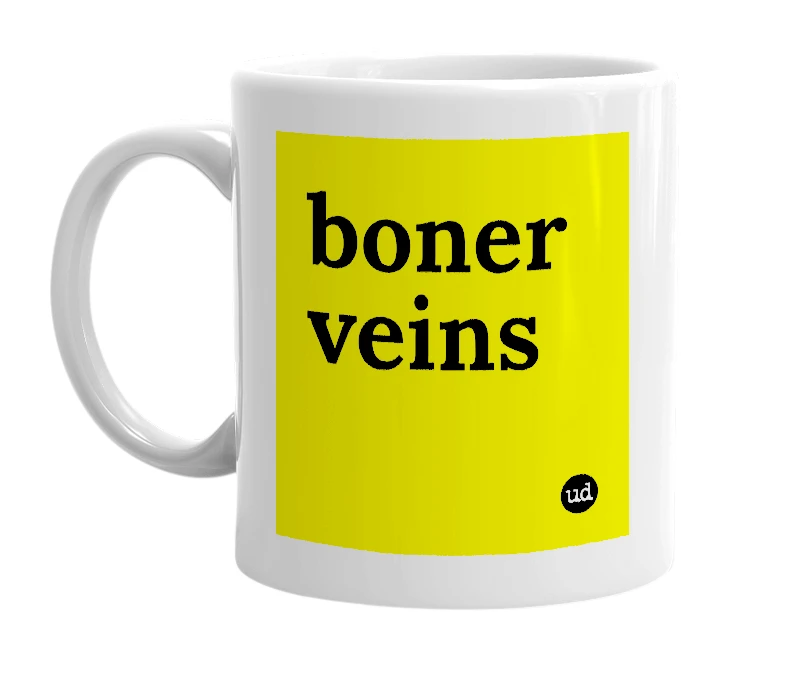 White mug with 'boner veins' in bold black letters