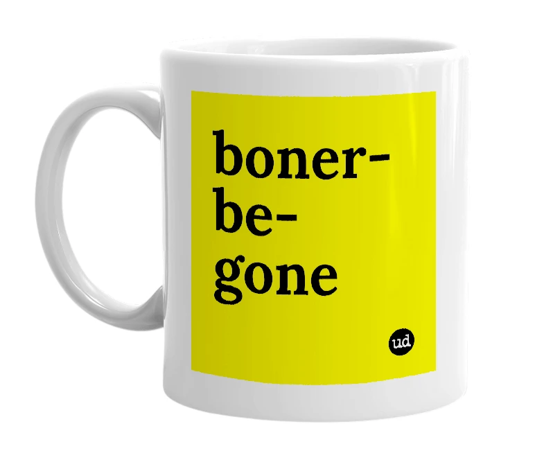 White mug with 'boner-be-gone' in bold black letters
