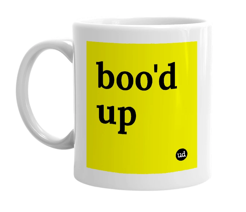 White mug with 'boo'd up' in bold black letters