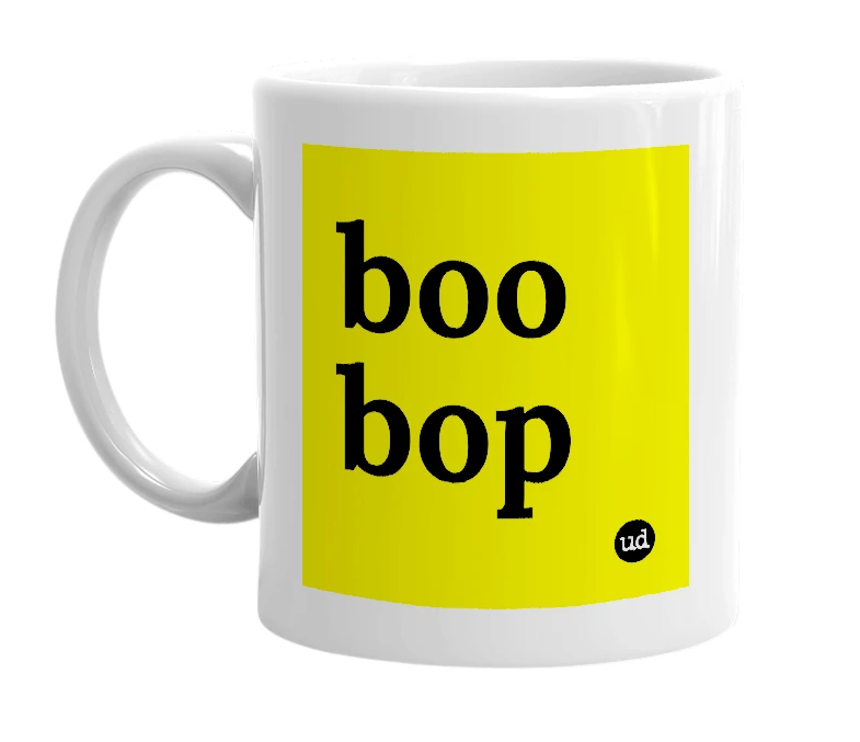 White mug with 'boo bop' in bold black letters