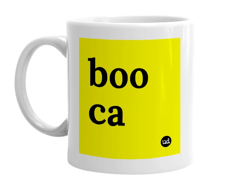 White mug with 'boo ca' in bold black letters