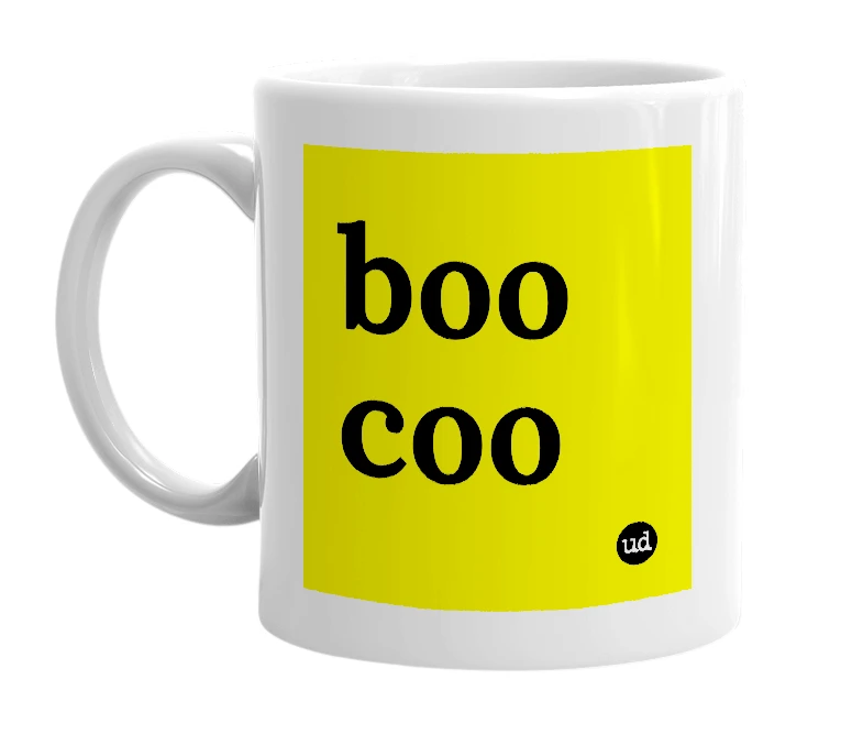 White mug with 'boo coo' in bold black letters