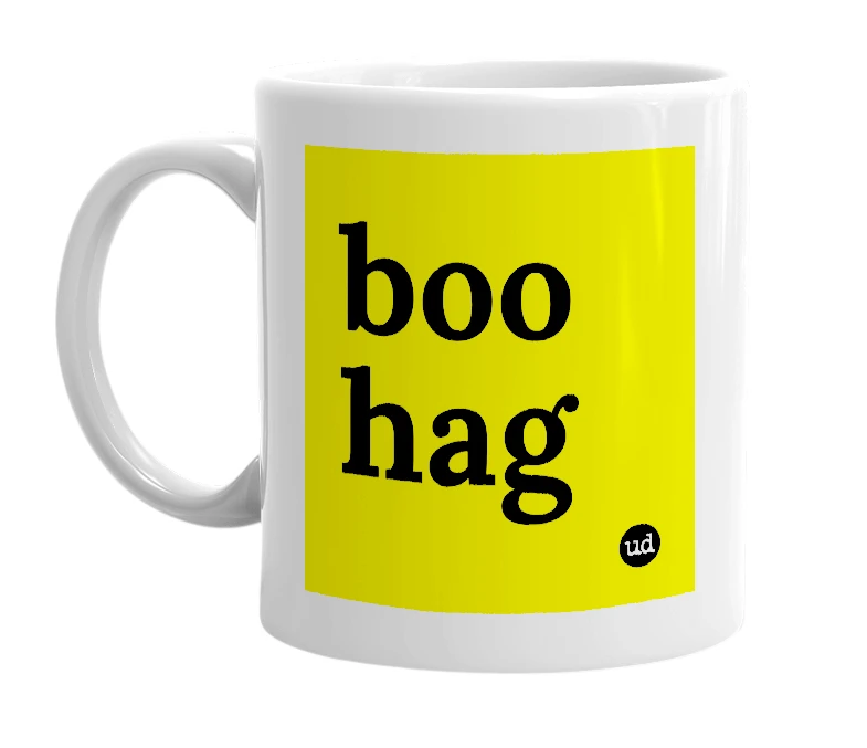 White mug with 'boo hag' in bold black letters