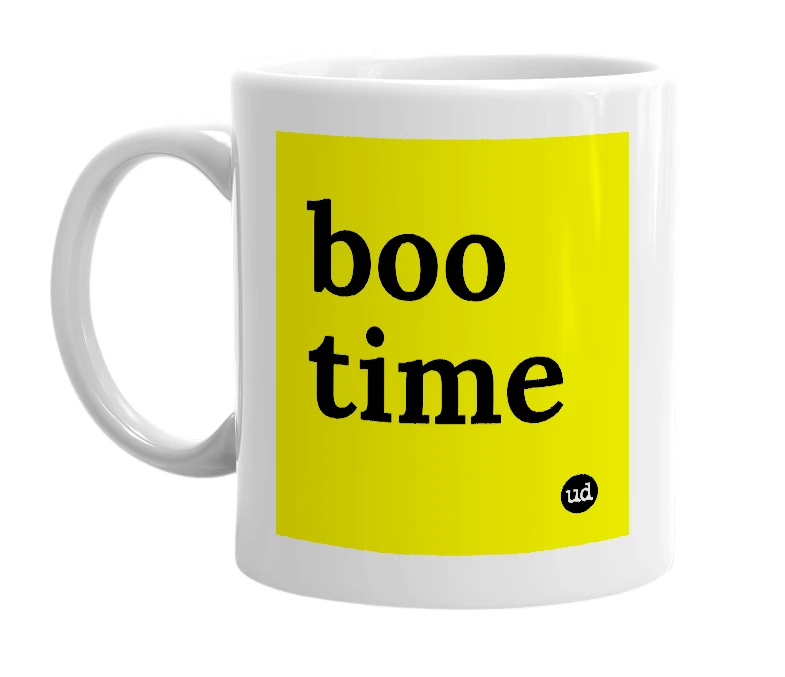 White mug with 'boo time' in bold black letters