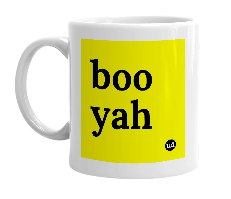 White mug with 'boo yah' in bold black letters