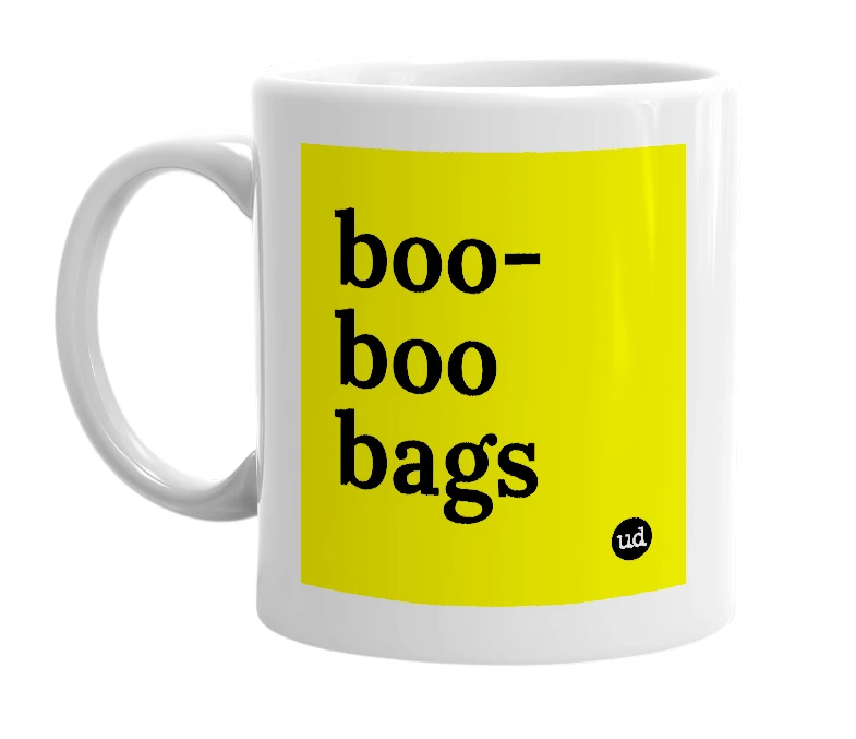 White mug with 'boo-boo bags' in bold black letters