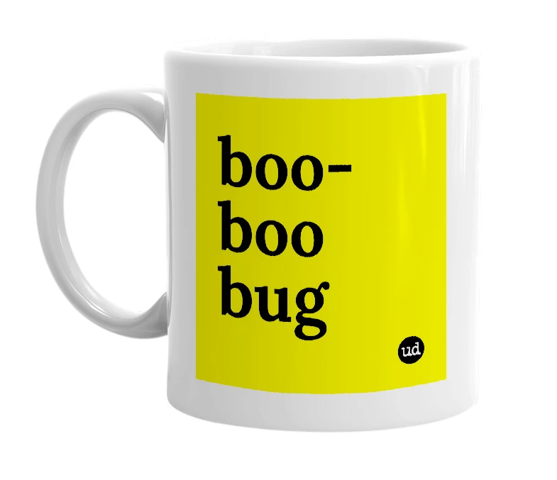 White mug with 'boo-boo bug' in bold black letters