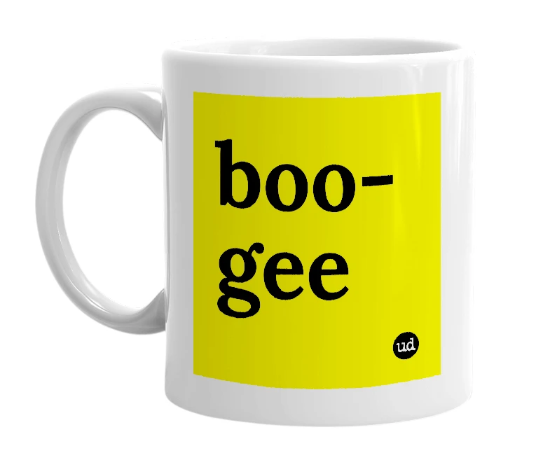 White mug with 'boo-gee' in bold black letters