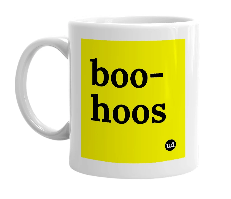 White mug with 'boo-hoos' in bold black letters